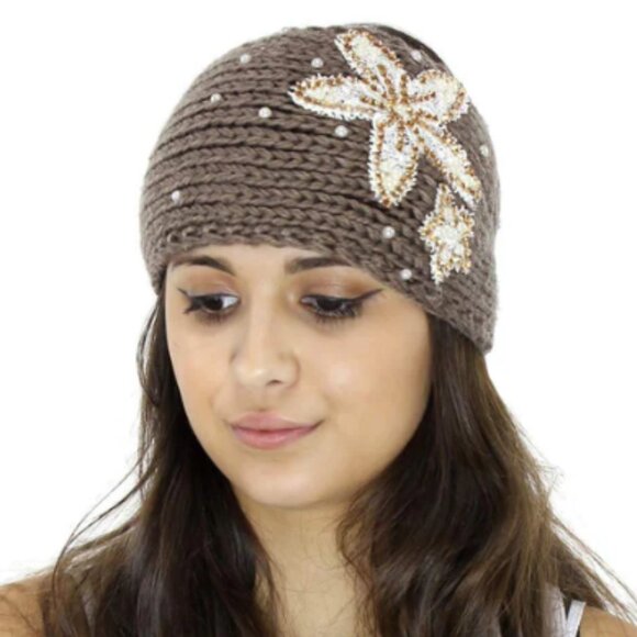 VERY MODA Khaki Knit Sequin Flower Embellished Headband One Size NWT - Picture 1 of 5